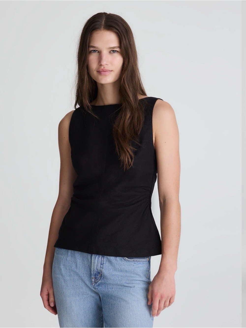 Madewell 100% Linen Boatneck Ruched Waist Top Black NWT Size 8